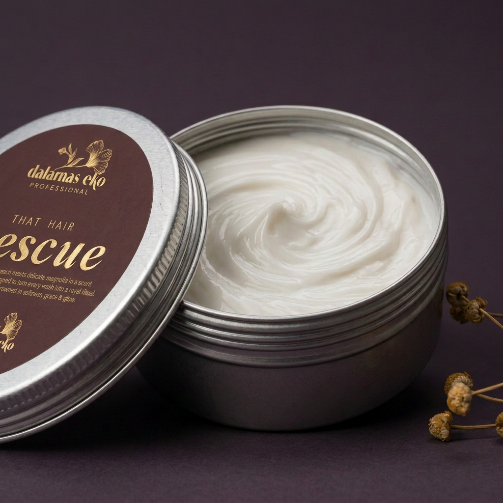 Närbild på den tjocka, krämiga Hair Rescue-formulan i öppen burk